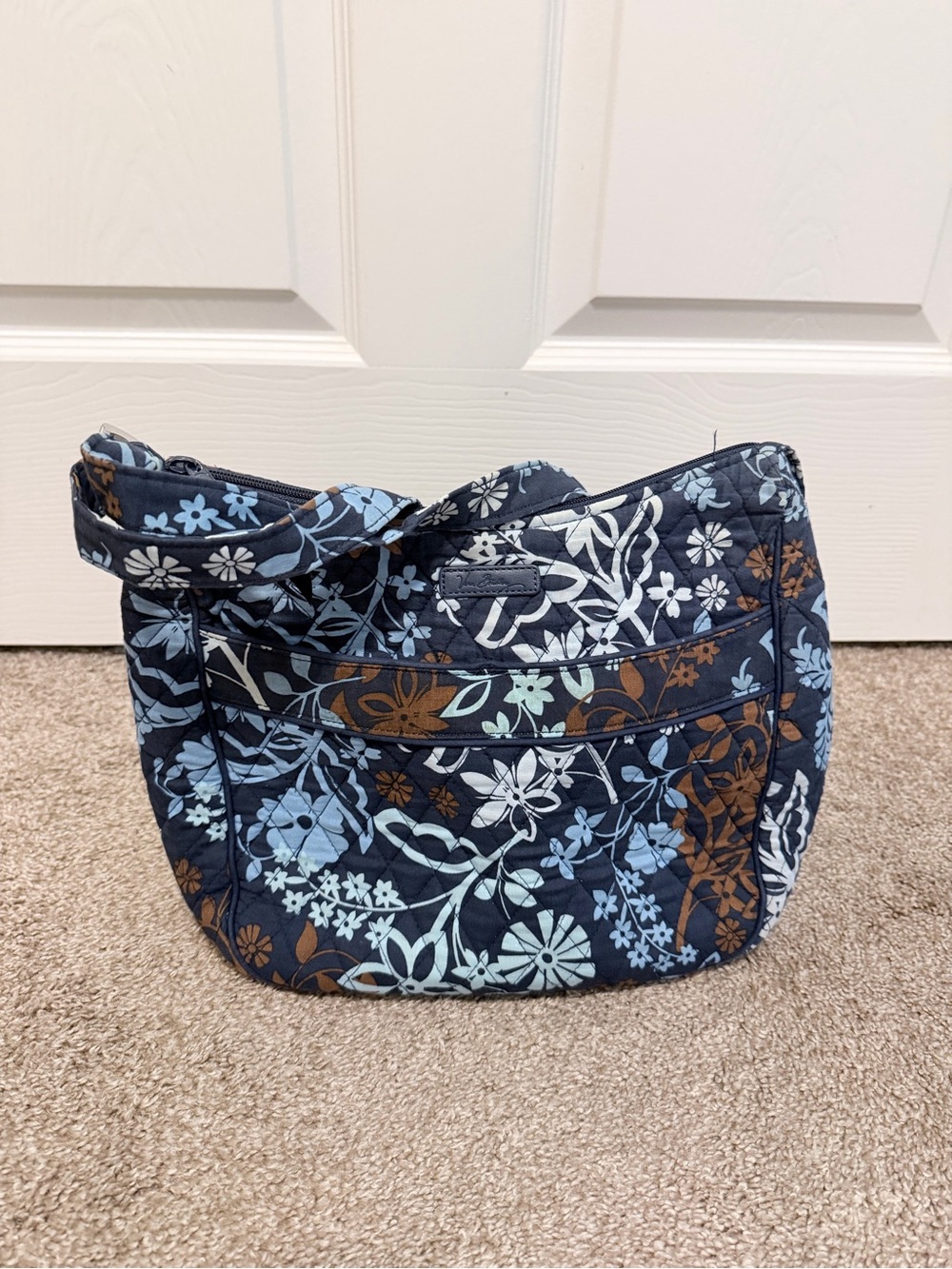 Vera Bradley Navy Floral Quilted Shoulder Bag with Light Blue & Brown Accents